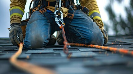 Safety Gear Supreme A worker wears a harness and safety line while working on the roof prioritizing safety during installation.,