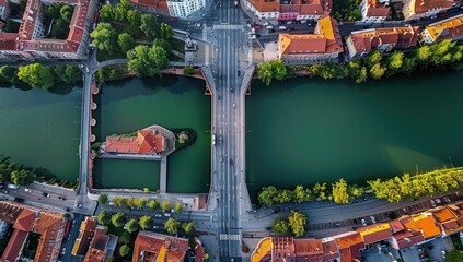 Obraz premium Cityscape with River and Bridges from Above