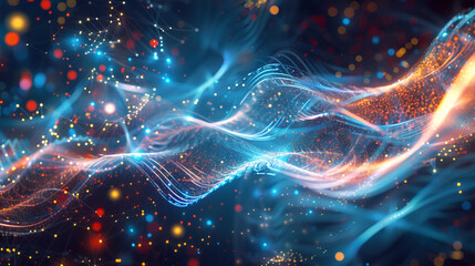 Fototapeta premium Data neon waves abstract background, dark digital space with network and lights,Concept of tech, texture, secure connection, cyber technology, polygon grid and future, Blue and Pink Background 