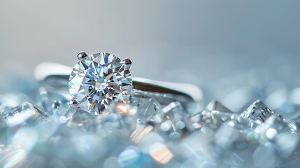 Close-up of a sparkling diamond ring on a reflective surface. Perfect depiction of elegance and luxury. Ideal for wedding and engagement themes. High-detail shot to be used in jewelry marketing. AI