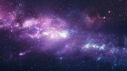 Naklejka premium Horizontal background banner showcasing a night starry sky and bright purple-blue galaxy, creating a captivating and celestial backdrop.