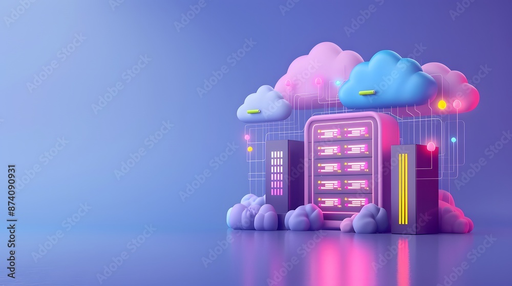 Poster 3d illustration of cloud computing and data storage, depicting servers, clouds, and networking in a 