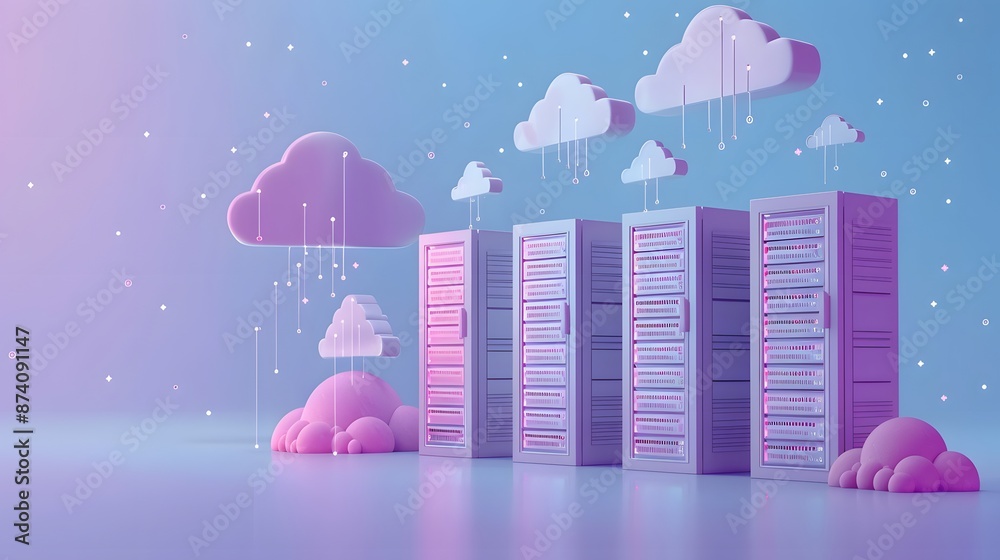 Poster 3d rendering of server racks with cloud computing, pastel colors, digital data storage concept, mode