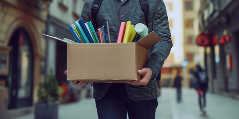 Obraz premium Man Carrying Box of Belongings Leaving Workplace