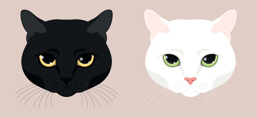 Black cat and white cat heads. Feline face. Cat with green eyes and yellow eyes. Vector illustration