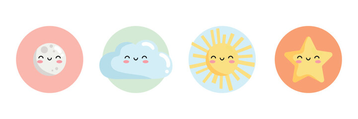Cute cartoon smiling sky characters in circles. Childish style sky icons. Star, moon, sun and cloud icons. Vector illustration