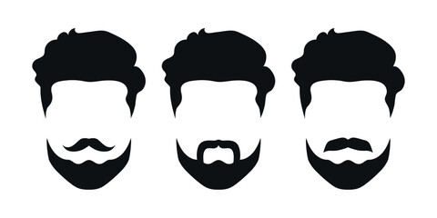 Bearded man silhouettes set with different style of moustaches. Hipster or retro gentleman style. Vector illustration