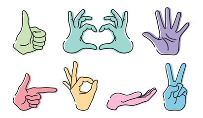 Hands with gestures OK, peace sign, thumb up, pointing index finger, showing heart, cupped hand, open palm. Line icons set isolated on white background