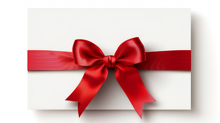 White paper card with gift red satin bow and ribbon in a white background ai generative