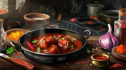 Wooden table with stew