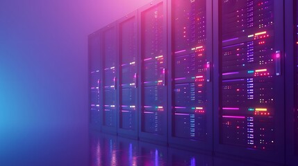 A vibrant data center with illuminated server racks, highlighting advanced technology infrastructure in a futuristic setting.