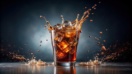 Cola served with ice cubes creating a splash and bubbles, cola, soda, drink, beverage, refreshment, carbonated, cold