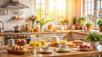 A cozy morning in the kitchen with a spread of delicious breakfast items , breakfast, kitchen, morning, cozy, eggs