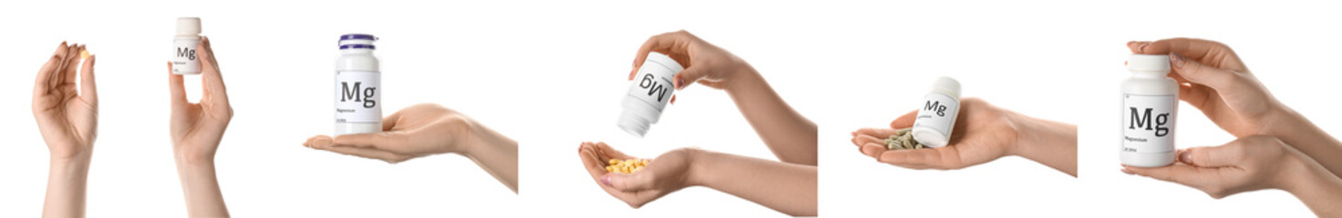 Set of hands with bottles of magnesium pills on white background