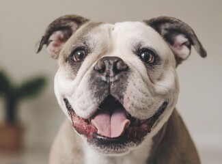 Adorable Bulldog with happy face at home, playful expression, looking to camera, about to be petted or fed.