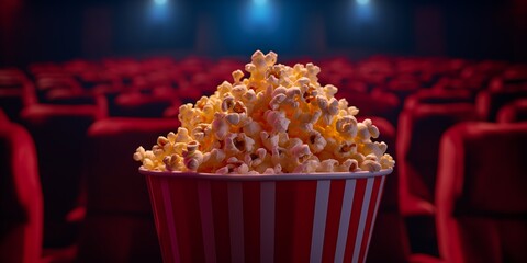 Popcorn in a Red and White Striped Bucket in a Movie Theater