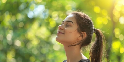 Woman looks up with eyes closed