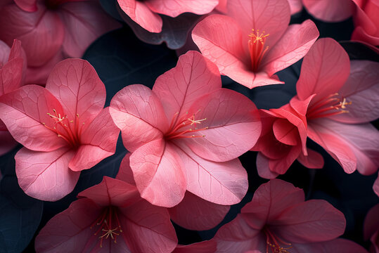 Close up of pink flowers with a dark background. Arranged in a way that they are all facing the same direction