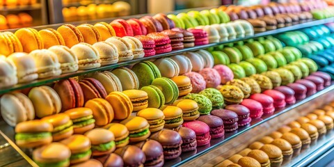 Colorful macarons and pastries displayed in a bakery shop window, macarons, pastries, desserts, colorful, bakery, shop
