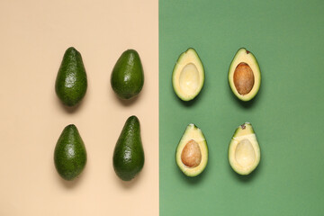 Fresh ripe avocados on colorful background