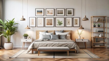 Fototapeta premium Bedroom wall art display mockup with gallery-style arrangement , home decor, interior design, modern, minimalist