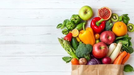 An overflowing paper grocery bag on white wooden background, fresh vegetables and fruits arranged