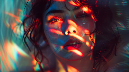 Woman's Face Illuminated with Rainbow Lights Photo