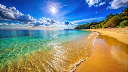 A serene beach with golden sand and crystal clear water basking in sunlight, beach, sunlight, golden, sand, crystal clear