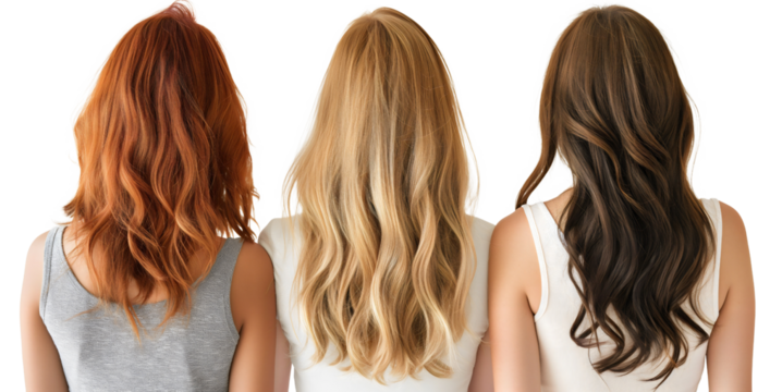 Rear back view of three young women hair, one has a red color, other one blonde, third one brunette, isolated. Beautiful female hairstyle and fashion, different natural, smooth, texture, long, salon