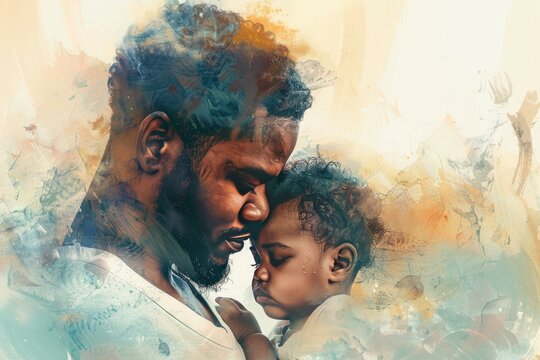 Artistic illustration of a loving dad holding and comforting his baby, depicting parental affection