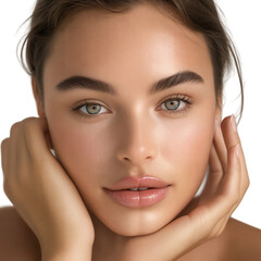 Obraz premium Close-up of a woman with glowing skin and hands on cheeks, isolated on transparent background.