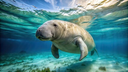 Fototapeta na wymiar Calm dugong swimming near the ocean surface, Cute marine animal, rare sea mammal, dugong, ocean, surface, marine, animal, mammal