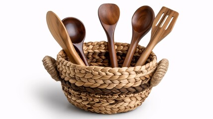 Handcrafted kitchen storage basket isolate on white background.