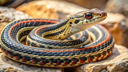 Obraz premium Close-up photo of a slithering garter snake on a textured rock surface, reptile, wildlife, serpent, scales, nature