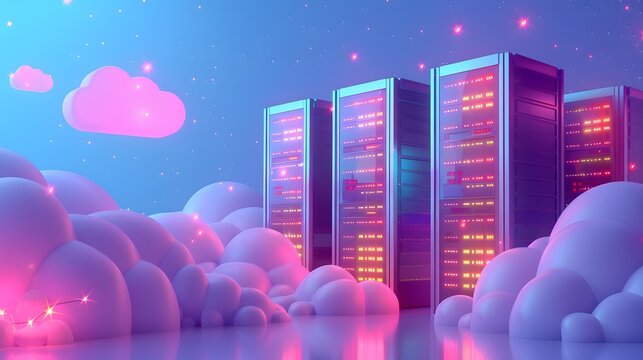 Futuristic data center with glowing servers surrounded by clouds, representing cloud computing and modern technology.