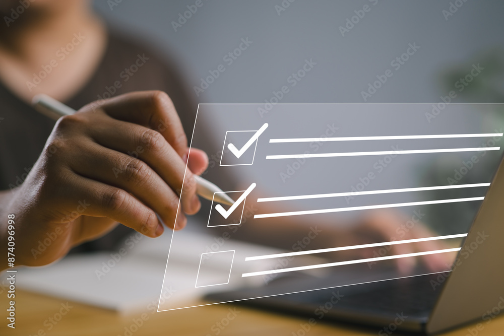 Poster Questionnaire with checkboxes, filling survey form online, answer questions of test. Survey form concept. Education futuristic technology and learning concept.