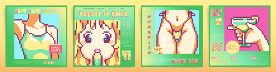 Japanese retro wave poster featuring a cute young woman in a bikini enjoying a sunny beach vacation with cocktails and ice cream. A nostalgic 8 bit pixel art illustration and digital design elements.