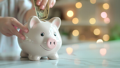 Hand inserting money bill into white digital piggy bank. Concept of saving money financial planning