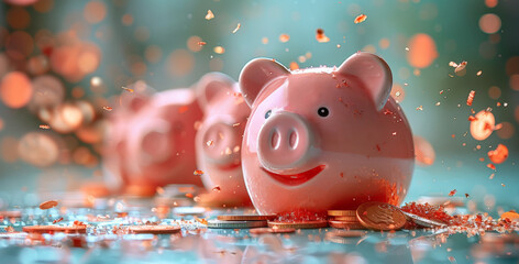 Pink piggy banks on blue background, one of which stood out fuller and bigger in center