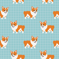 Obraz premium Seamless corgi pattern on blue checkered background. Vector corgi animal background. Funny little doggy seamless pattern