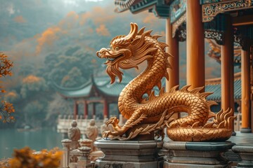 Fototapeta premium Golden Dragon Sculpture in Ancient Chinese Temple: Mythical Majesty Captured in Coiling Gaze