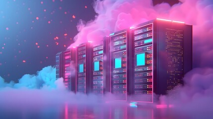Futuristic data servers glowing in pink and blue light, surrounded by smoke, representing cloud computing and modern technology.