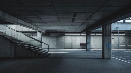 Modern Urban Concrete Parking Garage Interior with Staircase and Shadows