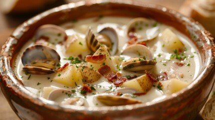 A bowl of creamy New England clam chowder soup with tender clams, potatoes, and crispy bacon bits.