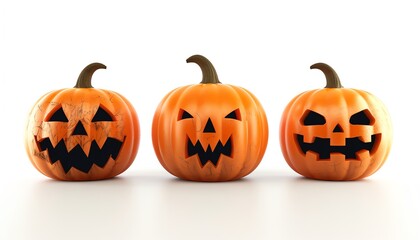 A Halloween jackolantern trio, festive pumpkins, 3D render, different faces, isolated on white background,