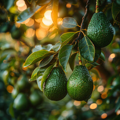 Avocado tree plantation from close up angle, focusing avocados hanging branches, blurred background