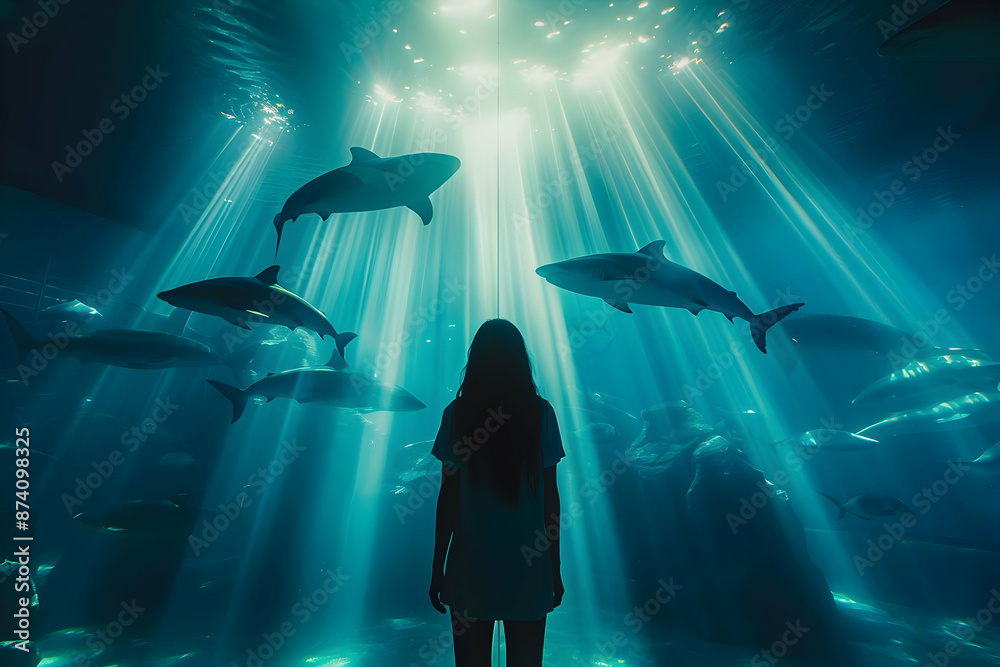 Wall mural Silhouette of a Woman in Aquarium with Sharks and Sunbeams Illustration