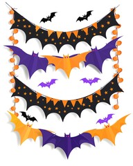 Fototapeta premium A Halloween party banner with bats, festive decor, colorful vector, party theme, isolated on white background,