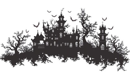 Fototapeta premium A haunted mansion silhouette, Halloween building, vector art, dark and spooky, isolated on white background,