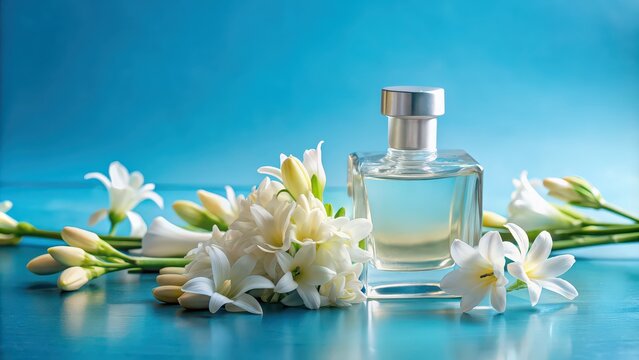 Close-up of a tuberose perfume bottle surrounded by tuberose flowers on a blue background, perfume, bottle, tuberose, flowers